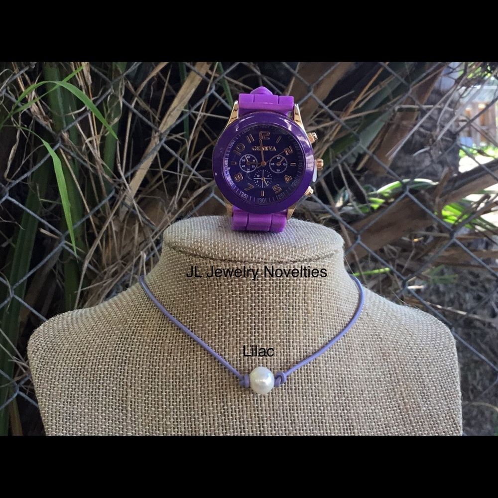 Lilac Leather Pearl Necklace and Geneva Watch Set